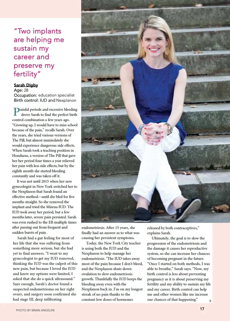A page from Health Monitor magazine featuring Sarah Digby, headlined “Two implants are helping me sustain my career and preserve my fertility.”