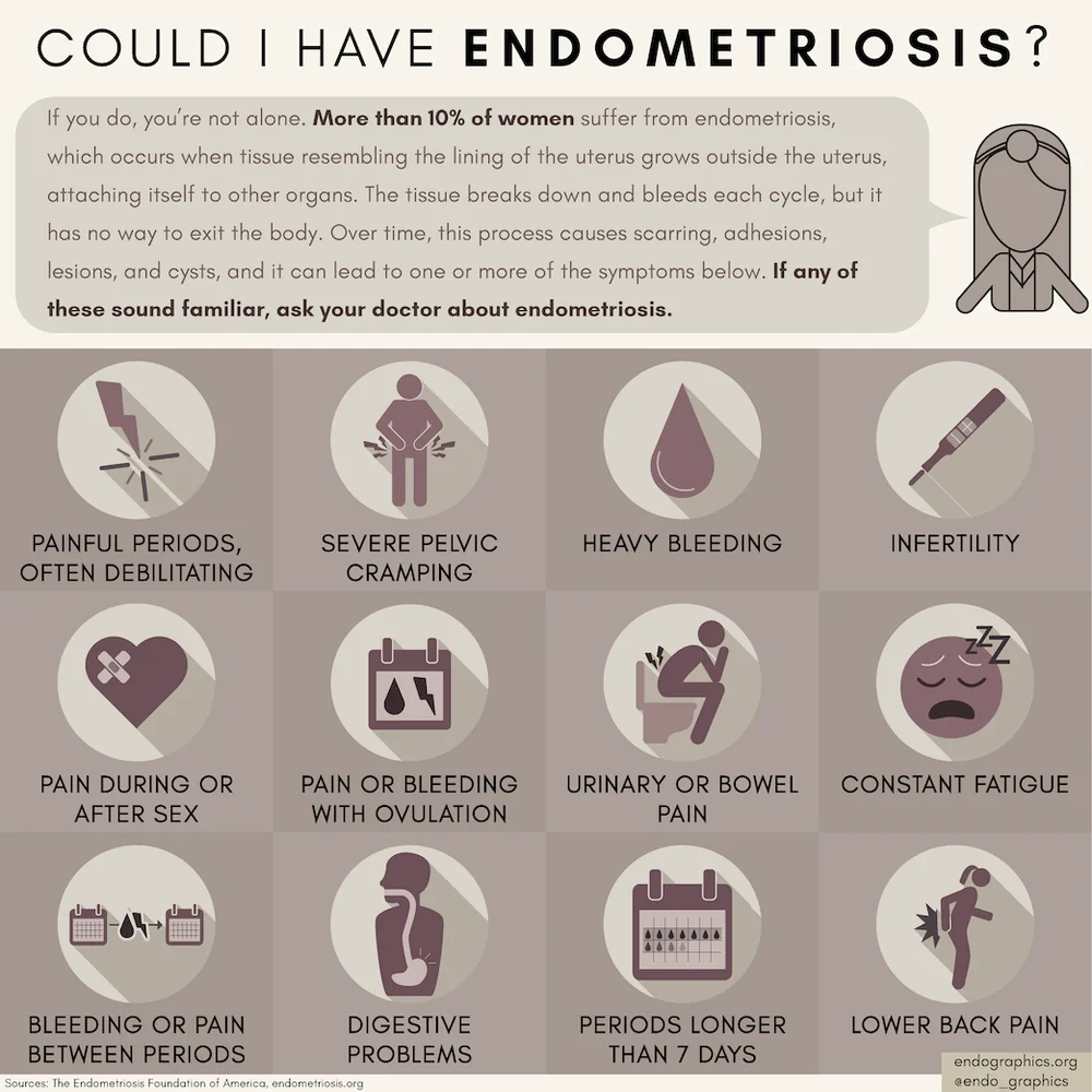Could I have endometriosis? Infographic showing twelve common symptoms